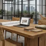A wide panoramic photograph of a light oak communal table paired with woven paper cord chairs in a modern office breakout area, overlooking a city skyline, representing RST's biophilic contract furniture solutions.
