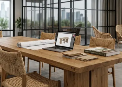 A wide panoramic photograph of a light oak communal table paired with woven paper cord chairs in a modern office breakout area, overlooking a city skyline, representing RST's biophilic contract furniture solutions.