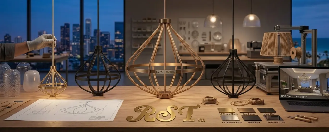 RST global project lighting services demonstrating end-to-end management: design engineers analyzing Dialux simulations, CE/UL certified crates being loaded for international export, and professional on-site installation of a custom 400kg chandelier in a luxury lobby with the RST
