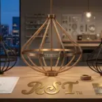 RST global project lighting services demonstrating end-to-end management: design engineers analyzing Dialux simulations, CE/UL certified crates being loaded for international export, and professional on-site installation of a custom 400kg chandelier in a luxury lobby with the RST