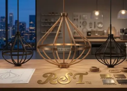 RST global project lighting services demonstrating end-to-end management: design engineers analyzing Dialux simulations, CE/UL certified crates being loaded for international export, and professional on-site installation of a custom 400kg chandelier in a luxury lobby with the RST