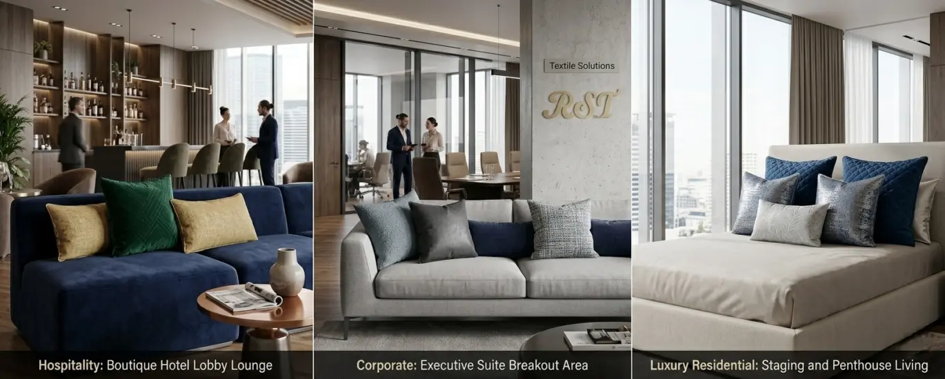 A wide 16:6.4 panoramic view showcasing RST luxury decorative cushions in three professional settings: a boutique hotel lobby, a corporate executive suite, and a luxury penthouse bedroom.