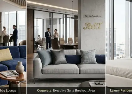 A wide 16:6.4 panoramic view showcasing RST luxury decorative cushions in three professional settings: a boutique hotel lobby, a corporate executive suite, and a luxury penthouse bedroom.