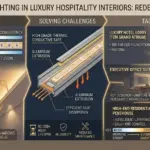 An infograph showing the indoor ambient lighting strategy of luxury hotels, including 2-step MacAdam color consistency, thermal management, and CCT intelligent control scheme for 12-meter empty lobbies and high-end residences.
