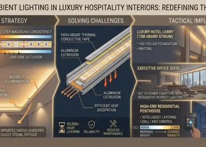 An infograph showing the indoor ambient lighting strategy of luxury hotels, including 2-step MacAdam color consistency, thermal management, and CCT intelligent control scheme for 12-meter empty lobbies and high-end residences.