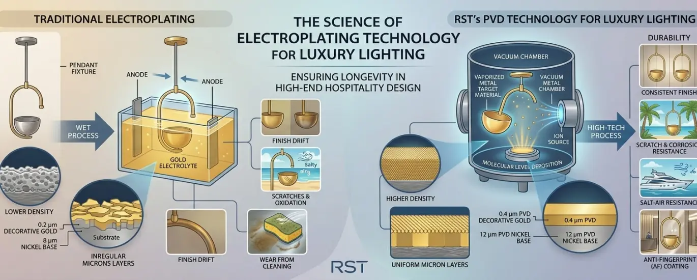 Infogra comparing traditional plating with RST PVD technology for durability, micron thickness standards, and corrosion protection in advanced lighting.