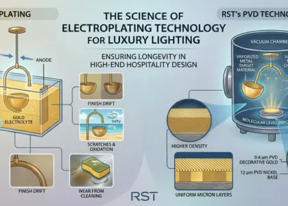 Infogra comparing traditional plating with RST PVD technology for durability, micron thickness standards, and corrosion protection in advanced lighting.