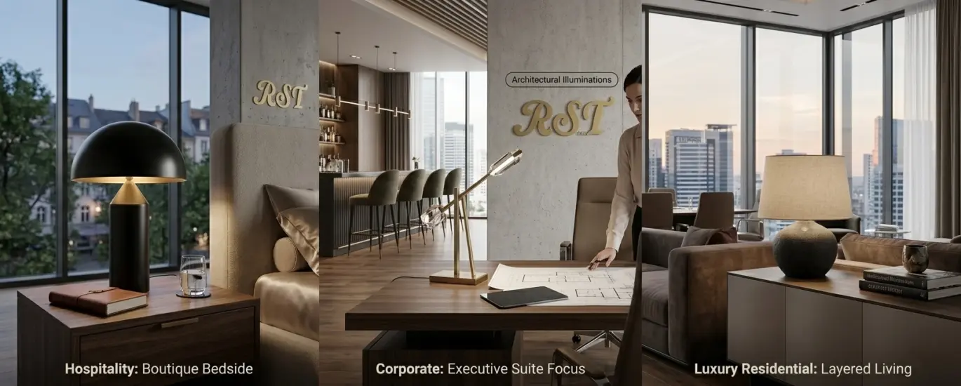 A panoramic 16:6.4 hero image showcasing RST modern contemporary table lamps in three professional settings: a luxury hotel bedside, an executive office desk with the RST logo, and a high-end residential lounge.