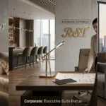 A panoramic 16:6.4 hero image showcasing RST modern contemporary table lamps in three professional settings: a luxury hotel bedside, an executive office desk with the RST logo, and a high-end residential lounge.