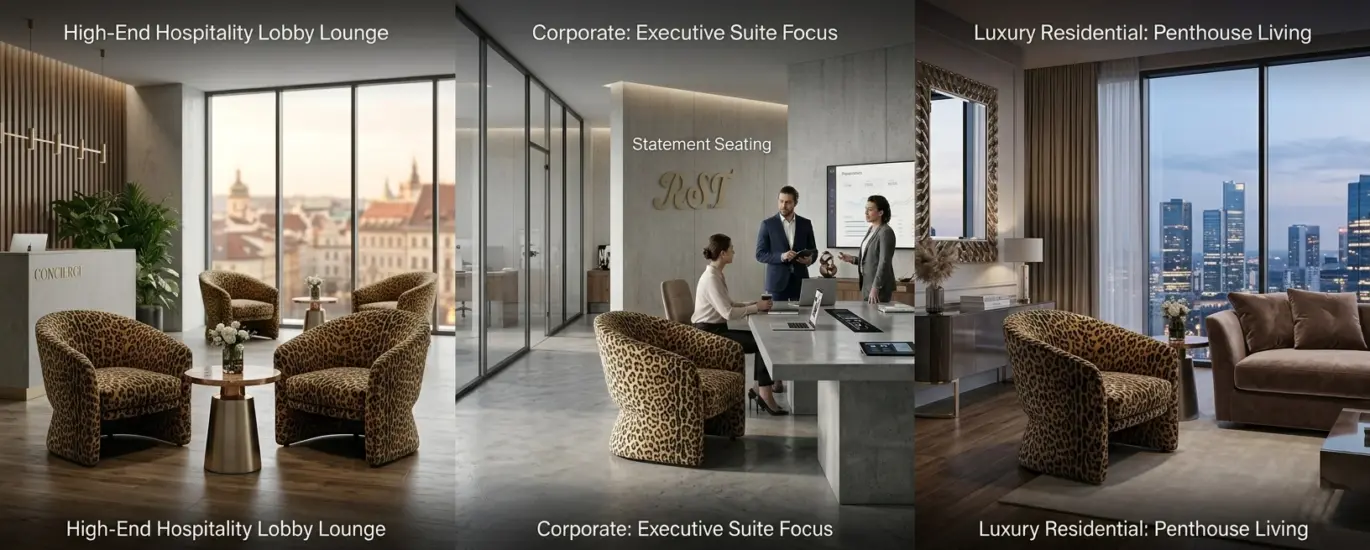 A panoramic 16:6.4 hero image featuring the RST Serpentine Leopard Statement Armchair in three professional environments: a luxury boutique hotel lounge, a creative executive office with the RST logo, and a high-end residential penthouse.
