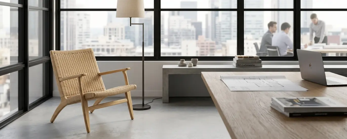 A hand-woven paper cord lounge chair by RST in a modern architectural office overlooking a city skyline, representing high-end contract furniture solutions.