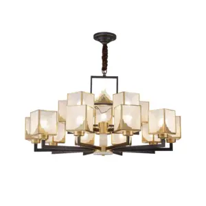 15-head luxury copper jade chandelier with frosted glass shades for hotel lobby.