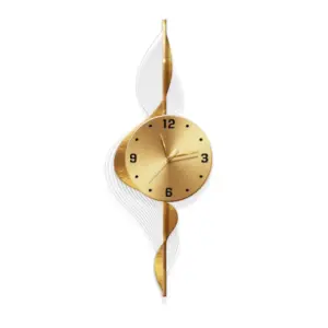 Modern Luxury LED Wall Clock with gold dial and white illuminated acrylic waves for hotel lobby decor.