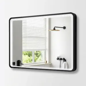 Luxurious Smart LED Bathroom Mirror Cabinet with black aluminum frame and glowing LED border for hotel bathrooms.