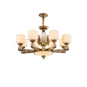 Luxury brass and glass 8-light chandelier with mountain-patterned glass shades for grand hotel lobby.