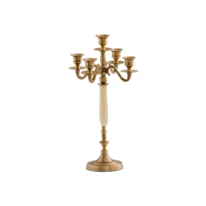 Luxury custom brass and bone candle holder with multiple gold-tone arms and natural bone inlay for hotel lobby decoration.