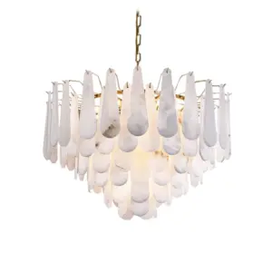 Luxury raindrop-shaped natural alabaster and brass chandelier for hotel lobby.
