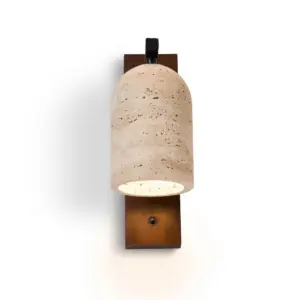 Customizable luxury wall sconce with yellow travertine stone and black walnut wood base.
