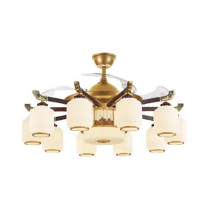 Bespoke luxury 10-light ceiling fan chandelier with Oriental glass lanterns and copper frame for hotel lobby.