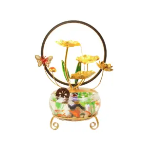 Artisanal Golden Ginkgo Zen Iron Water Fountain with gold leaves, glass fish tank base, and cascading water.