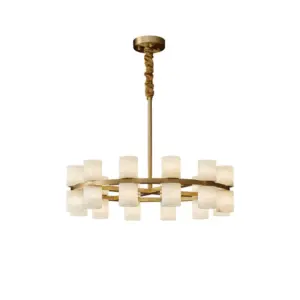 Customizable luxury alabaster chandelier with ring-shaped copper frame and 32 natural stone cylinders for hotel decor.