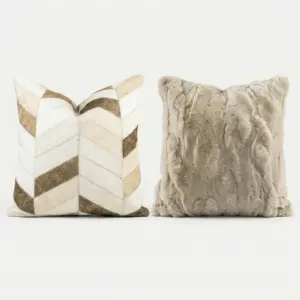 Bespoke Genuine Leather and Rabbit Fur Throw Pillow collection in professional grey featuring woven leather and plush fur textures.