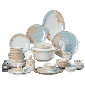 Luxury Customizable Floral Porcelain Tableware Set featuring blue and gold patterns for hotel dining.