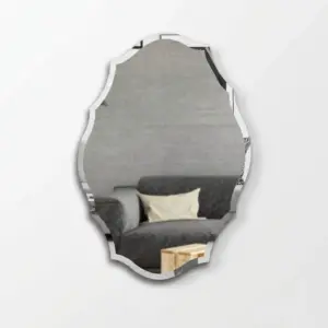 Frameless Scalloped Beveled Wall Mirror with elegant curved edges for luxury bathroom decor.