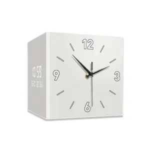Modern white dual-sided corner wall clock with LED digital display and analog face on a corridor corner.