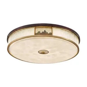 Luxury Oriental brass ceiling light with resin shade and landscape mountain motifs for hotel decor.