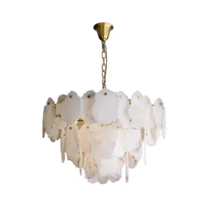 Customizable luxury tiered chandelier featuring natural alabaster petal shades and a gold-finished copper frame.