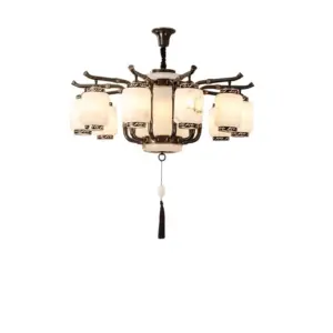 Customizable luxury Zen chandelier featuring natural alabaster lantern shades and a dark bronze brass frame.