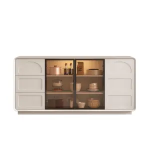 Luxury Modern Sideboard Cabinet with Glass Doors and LED lighting for hotel dining.