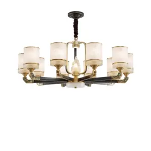 8-light H65 brass glass chandelier with oriental detailing for luxury hotel dining rooms.