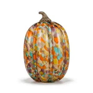 Handcrafted multi-color Liuli glass pumpkin with amber, teal, and gold flecks.