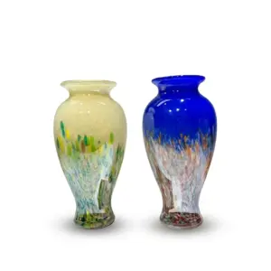 Blue and Yellow Speckled Liuli Glass Vase with organic fluid patterns and hand-polished finish.