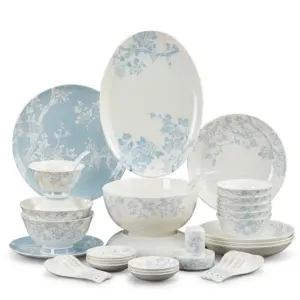 Luxury Customizable Blue and White Porcelain Dinnerware Set featuring 42 pieces for hotel dining.
