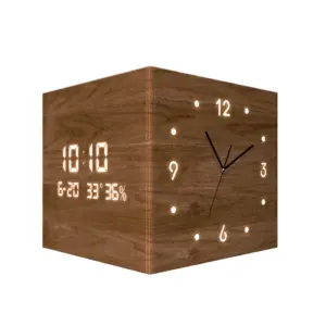 Minimalist Walnut Wood Corner Wall Clock with dual analog and digital LED display on a white corner wall.