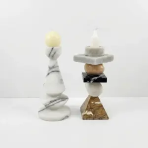A Luxury Custom Marble Candle Holder featuring a unique geometric stack of multi-colored natural stone for hotel lobby decor.