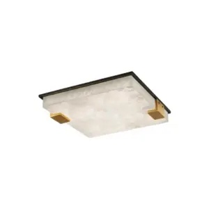 Square luxury alabaster ceiling light with brass hardware and natural stone veining for hotel guestrooms.
