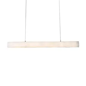 Linear Spanish alabaster pendant light with stainless steel frame for luxury dining room.