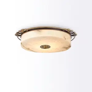 Classical European luxury alabaster ceiling light with decorative floral brass carvings for upscale hotels.