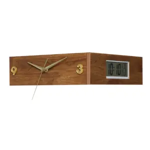 Natural Wood Corner Wall Clock with analog face and digital LCD temperature display on a white corner wall.