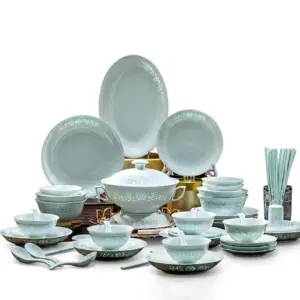 Luxury Customizable Celadon Green Porcelain Dinnerware Set 70-piece collection for hotels.