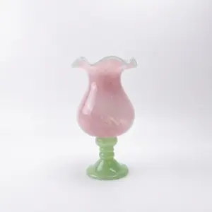 Handcrafted ruffled rim Liuli glass vase with a green-blue gradient and pedestal base.