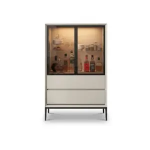 Customizable luxury white matte buffet sideboard with LED wine rack and tempered glass doors.