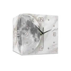 Lunar Marble Corner Wall Clock with moon phase design and digital temperature display on a gray corner wall.