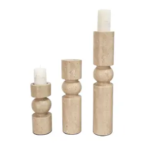 Luxury custom marble candle holder in Yellow Travertine with unique natural pores and textures for high-end hotel decoration.