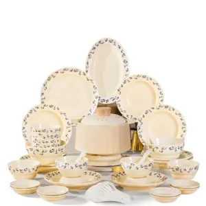 Luxury Customizable Cream Floral Porcelain Dinnerware Set 58-piece collection for boutique hotels.