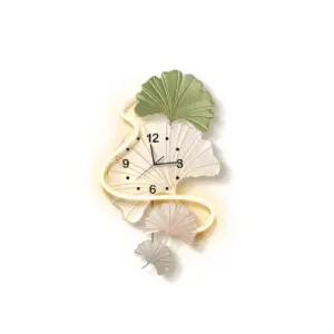Luxury Ginkgo Leaf LED Wall Clock with soft green leaves and glowing light strip on a light-colored wall.